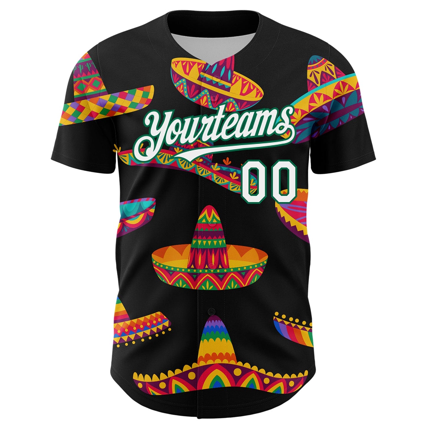 Custom Black White-Kelly Green 3D Mexican Festival Sombrero Cinco de Mayo Authentic Baseball Jersey view 2