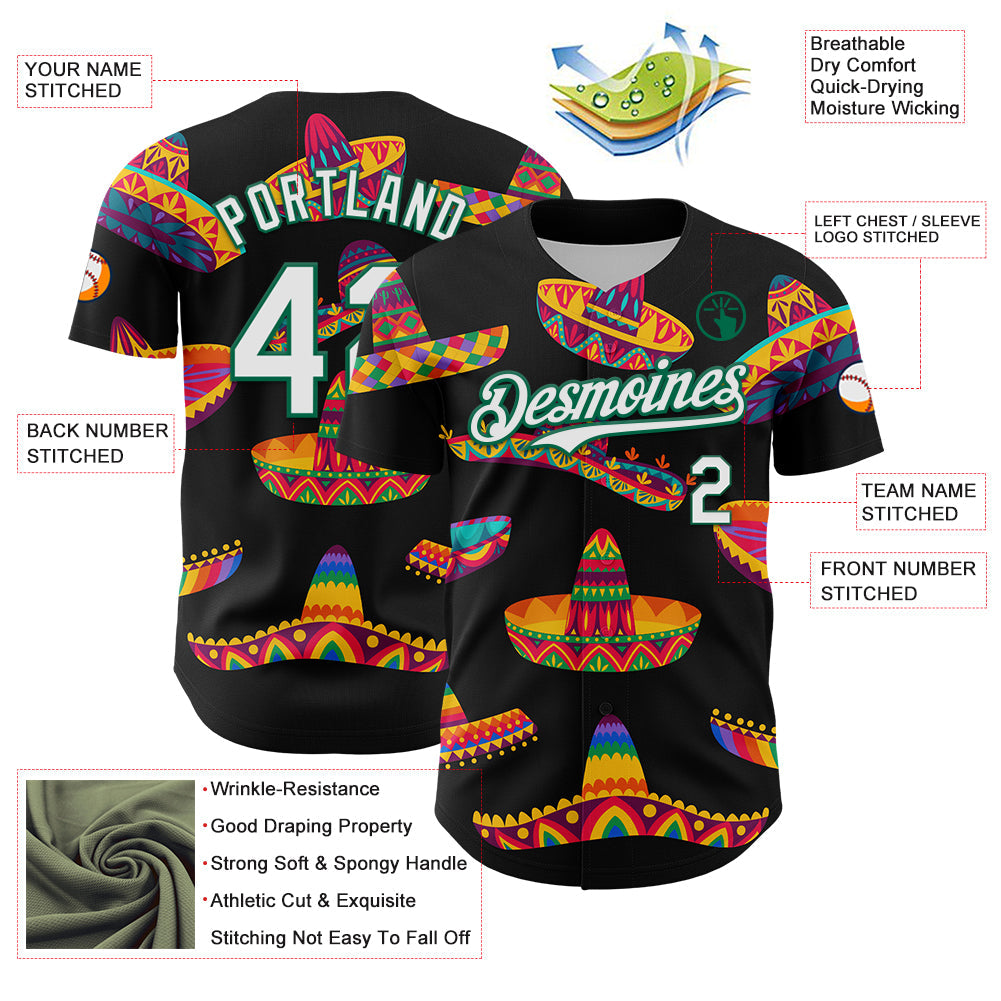 Custom Black White-Kelly Green 3D Mexican Festival Sombrero Cinco de Mayo Authentic Baseball Jersey view 3