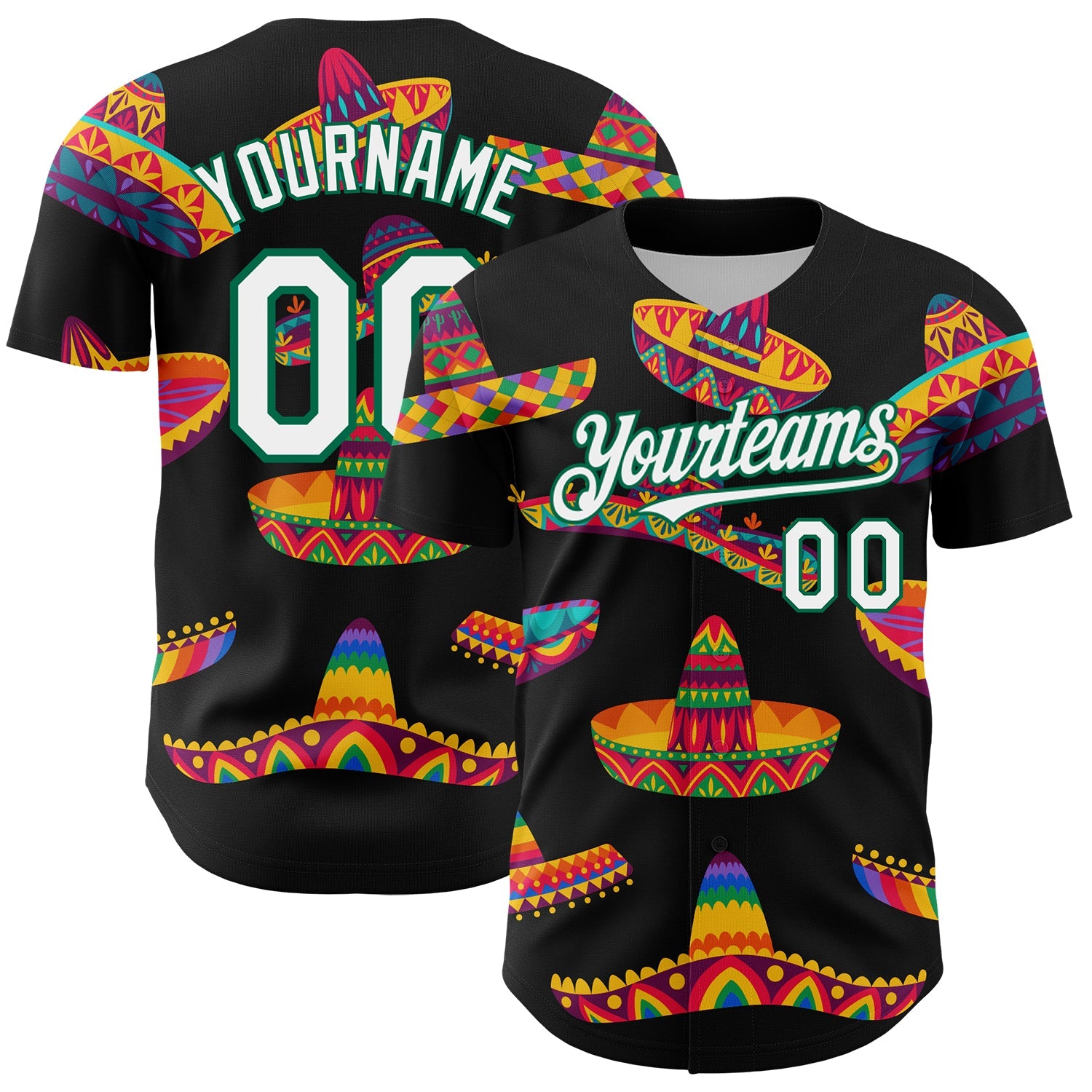 Custom Black White-Kelly Green 3D Mexican Festival Sombrero Cinco de Mayo Authentic Baseball Jersey - Main View