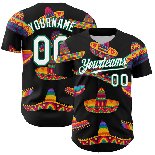 Custom Black White-Kelly Green 3D Mexican Festival Sombrero Cinco de Mayo Authentic Baseball Jersey - Main View