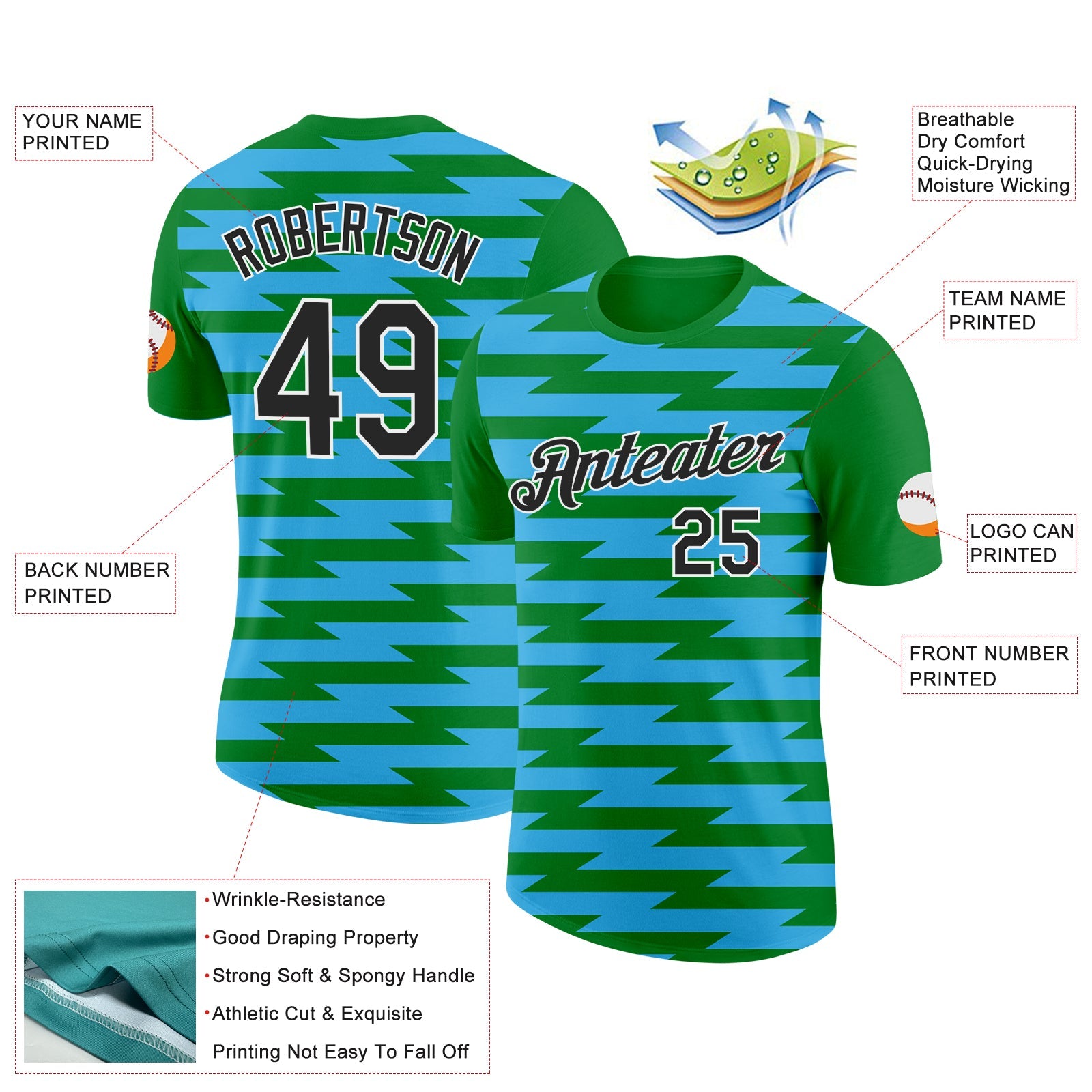 Custom Grass Green Black-Sky Blue 3D Esports Performance T-Shirt view 2