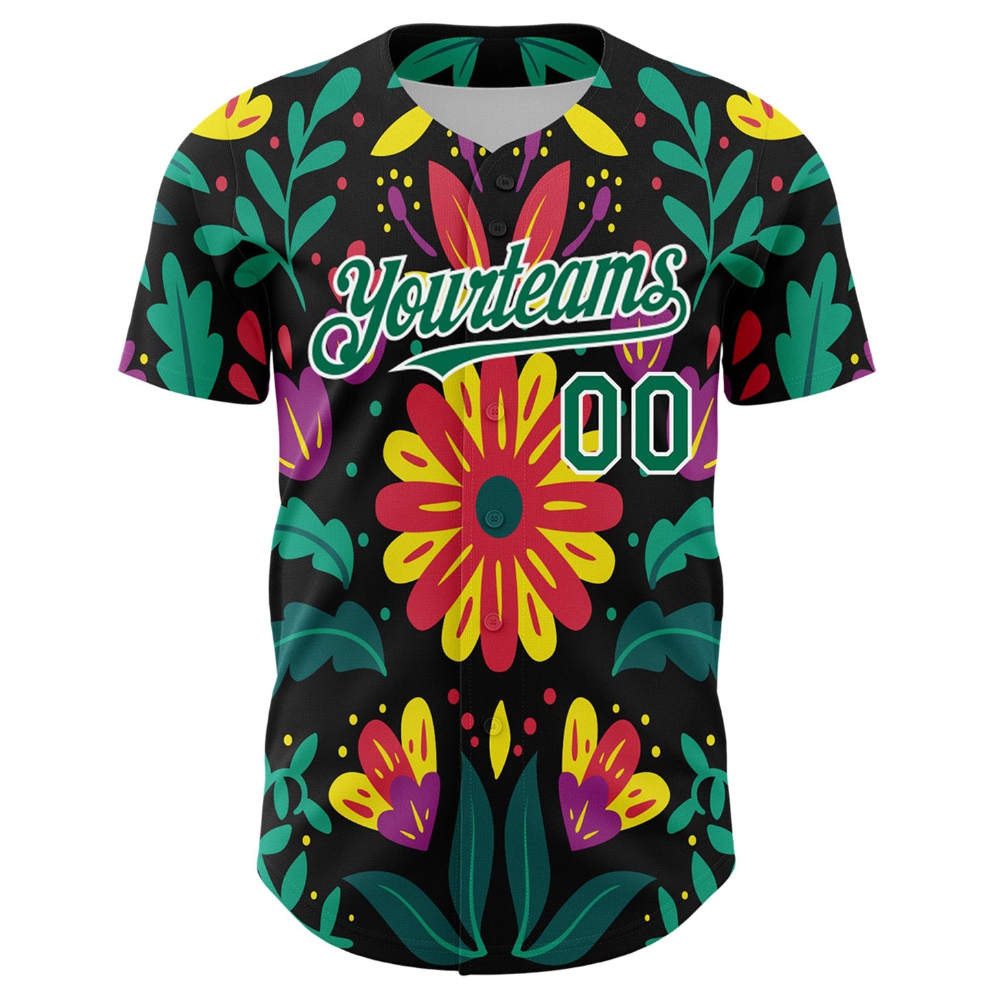 Custom Black Kelly Green-White 3D Mexican Festival Flower Cinco de Mayo Authentic Baseball Jersey view 2
