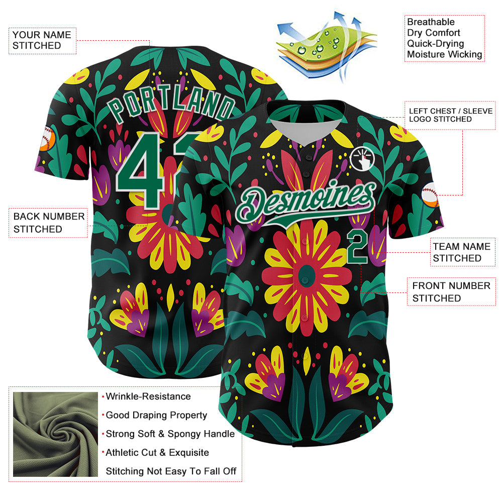 Custom Black Kelly Green-White 3D Mexican Festival Flower Cinco de Mayo Authentic Baseball Jersey view 3