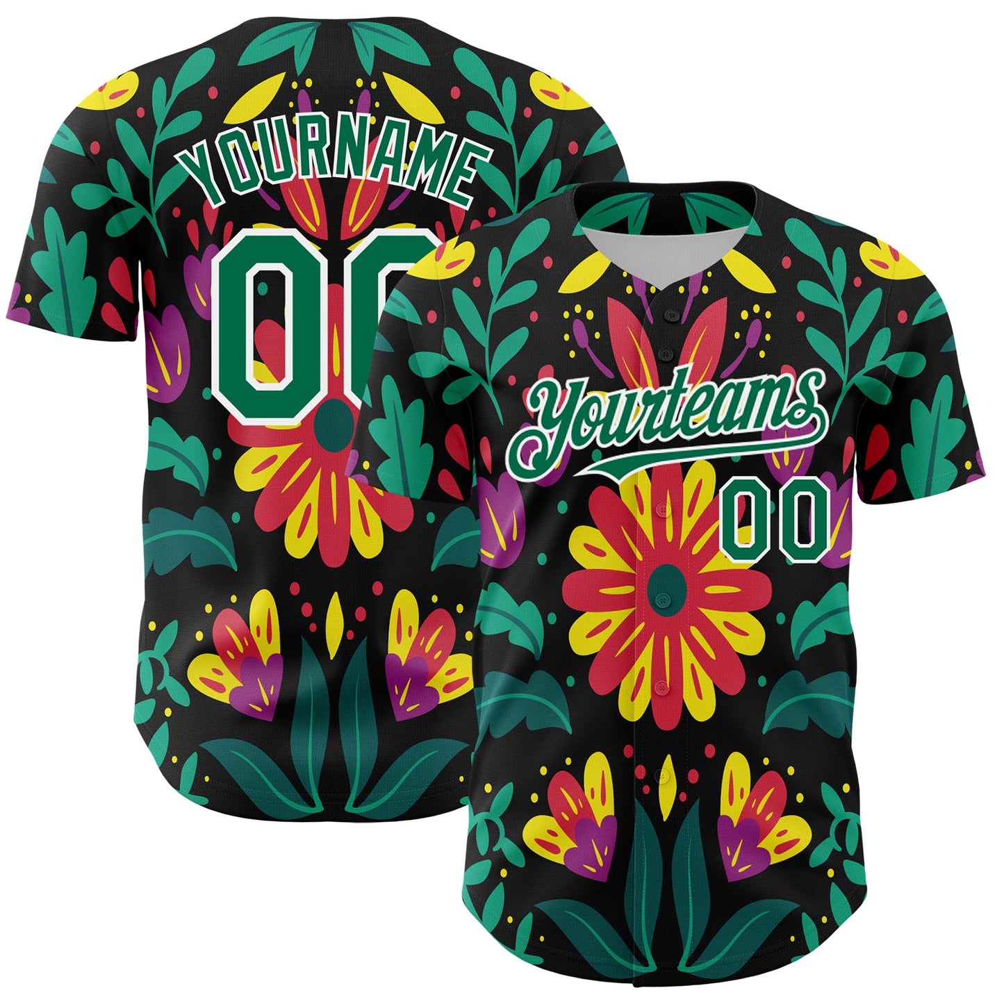 Custom Black Kelly Green-White 3D Mexican Festival Flower Cinco de Mayo Authentic Baseball Jersey - Main View