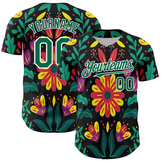 Custom Black Kelly Green-White 3D Mexican Festival Flower Cinco de Mayo Authentic Baseball Jersey - Main View
