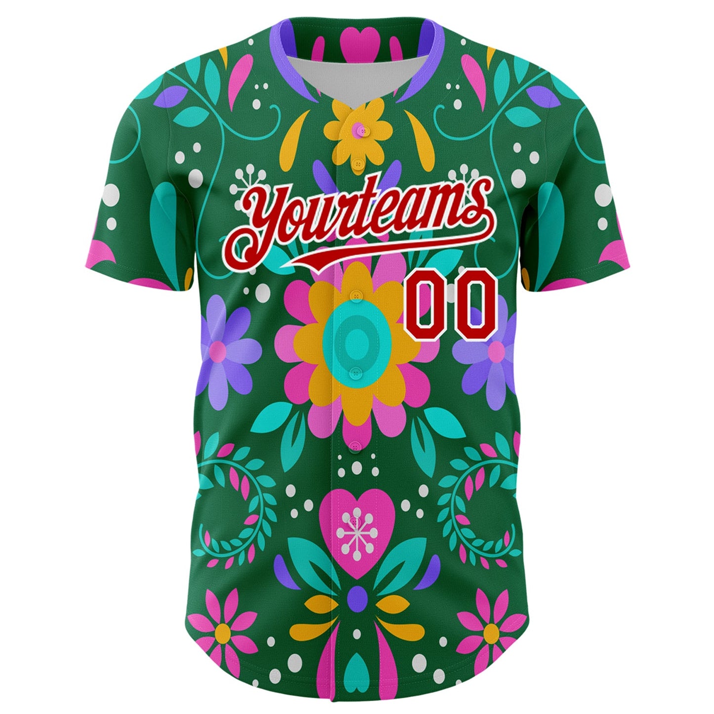 Custom Kelly Green Red-White 3D Mexican Festival Flower Cinco de Mayo Authentic Baseball Jersey view 2