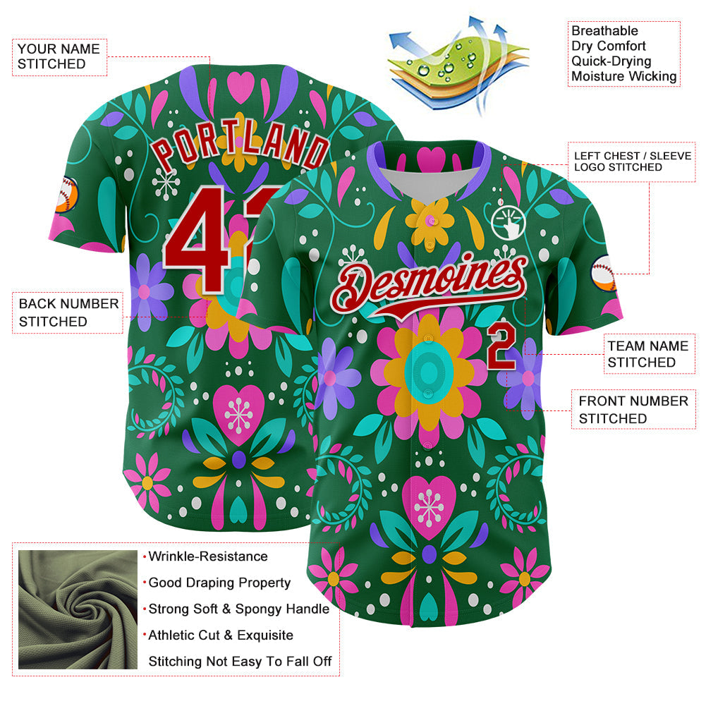 Custom Kelly Green Red-White 3D Mexican Festival Flower Cinco de Mayo Authentic Baseball Jersey view 3