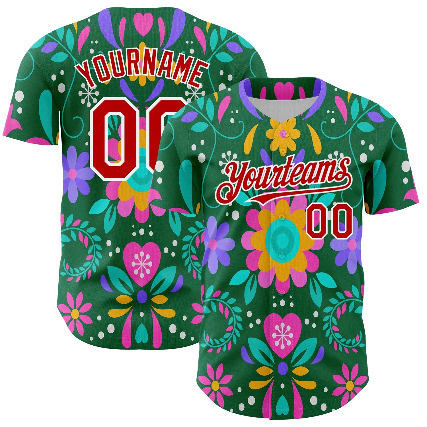Custom Kelly Green Red-White 3D Mexican Festival Flower Cinco de Mayo Authentic Baseball Jersey - Main View