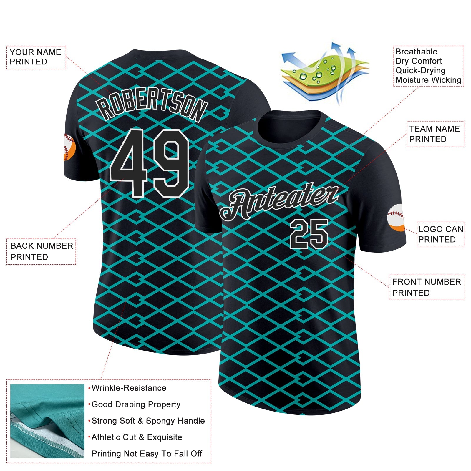 Custom Black Aqua-White 3D Esports Performance T-Shirt view 2