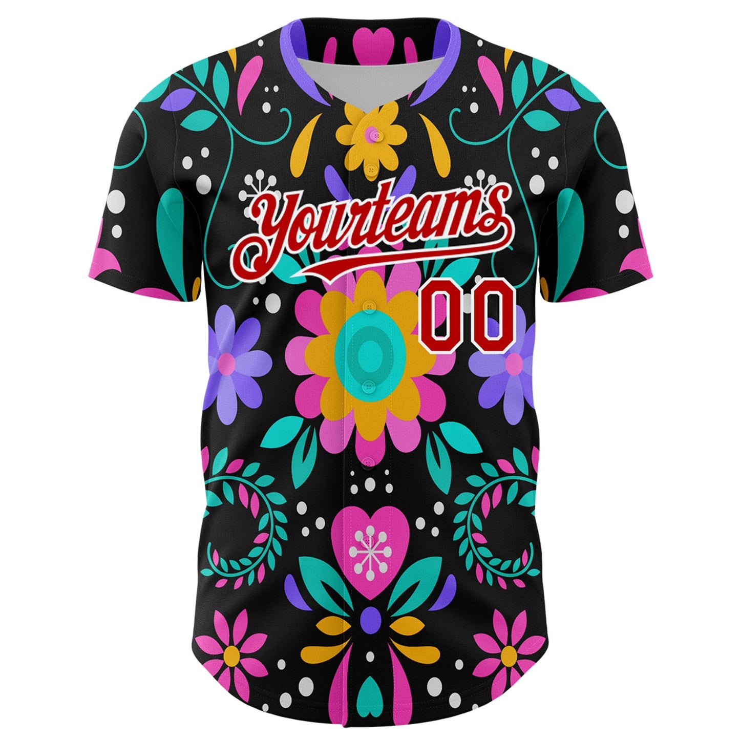 Custom Black Red-White 3D Mexican Festival Flower Cinco de Mayo Authentic Baseball Jersey view 2