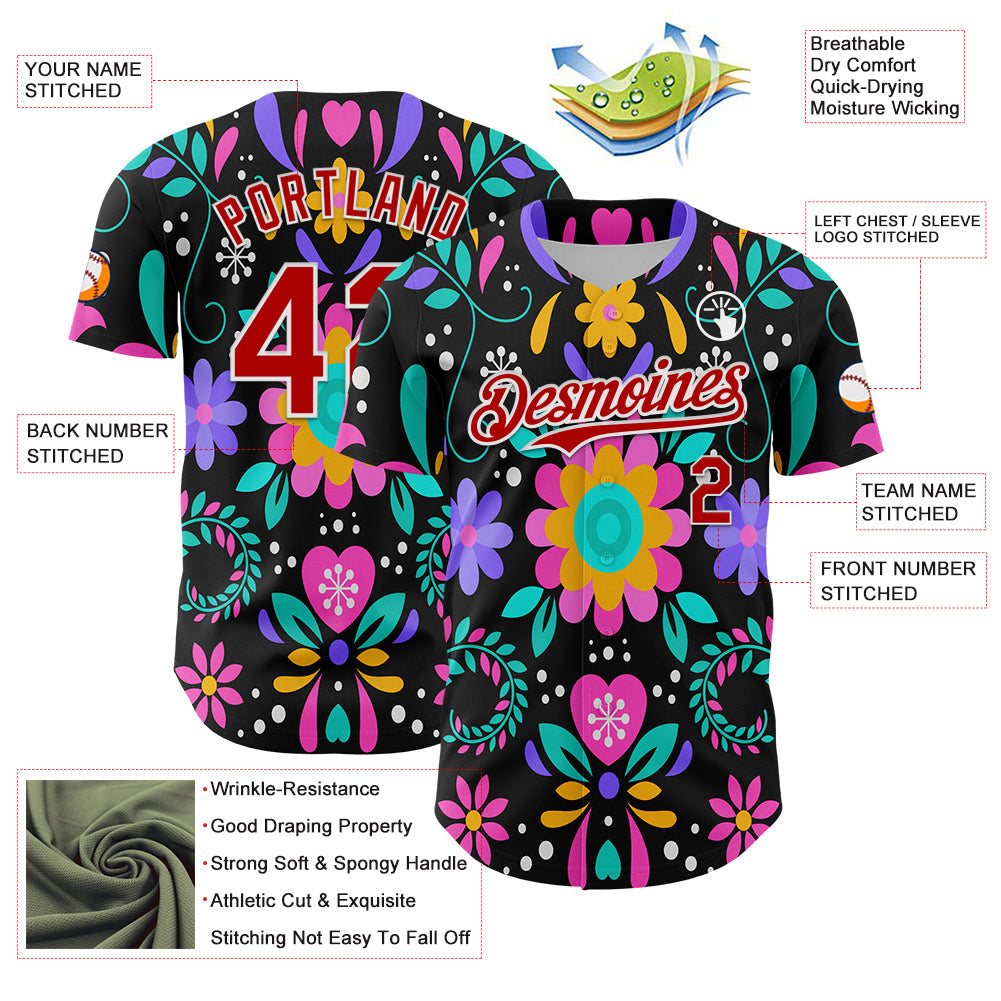 Custom Black Red-White 3D Mexican Festival Flower Cinco de Mayo Authentic Baseball Jersey view 3