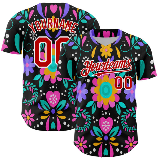 Custom Black Red-White 3D Mexican Festival Flower Cinco de Mayo Authentic Baseball Jersey - Main View