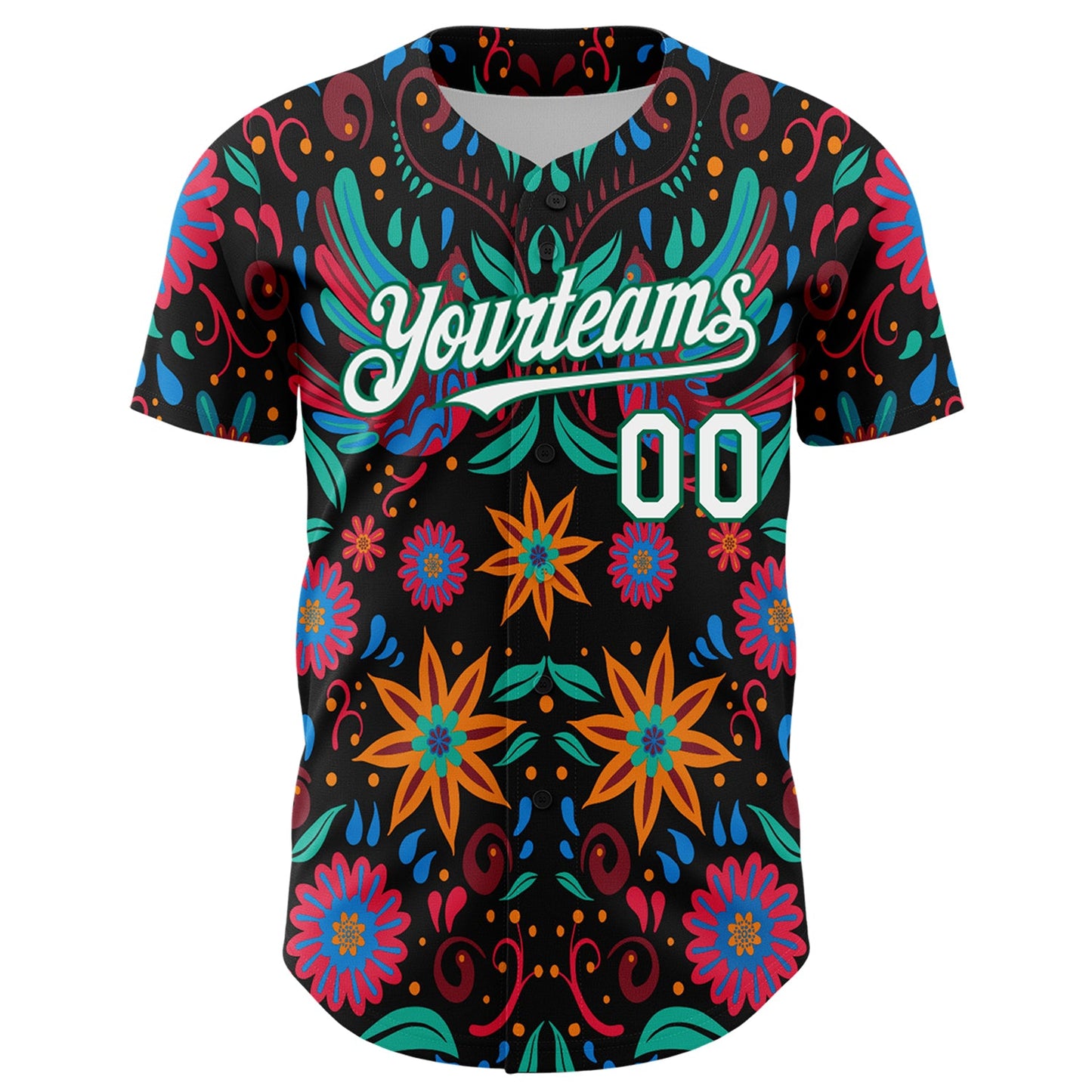 Custom Black White-Kelly Green 3D Mexican Festival Flower Cinco de Mayo Authentic Baseball Jersey view 2