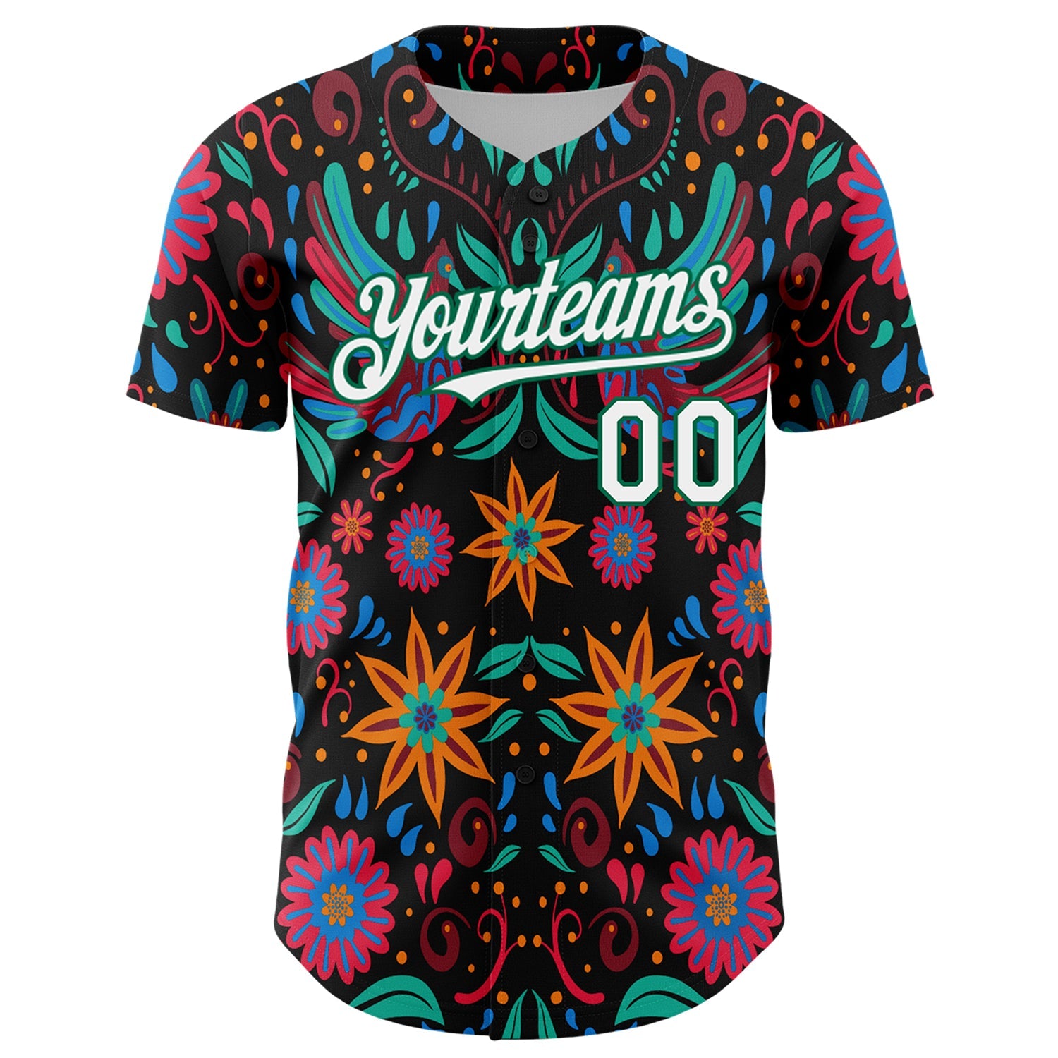Custom Black White-Kelly Green 3D Mexican Festival Flower Cinco de Mayo Authentic Baseball Jersey view 2