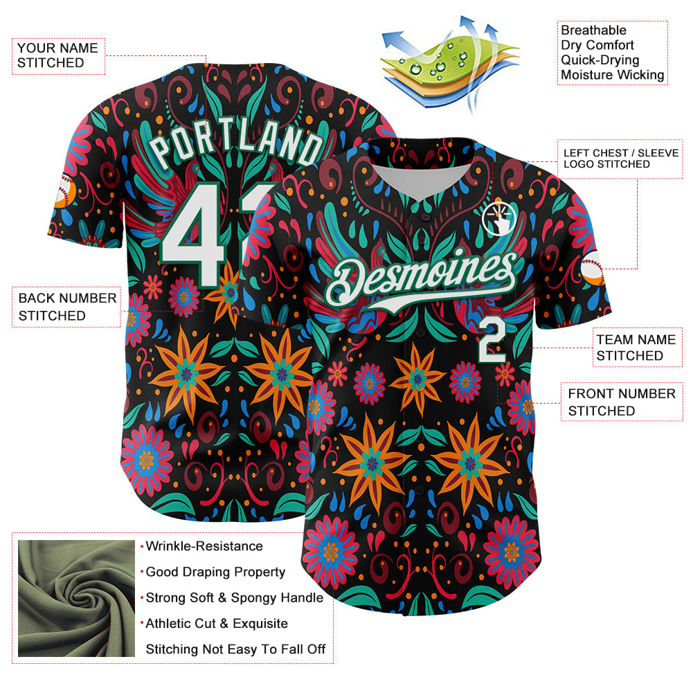 Custom Black White-Kelly Green 3D Mexican Festival Flower Cinco de Mayo Authentic Baseball Jersey view 3
