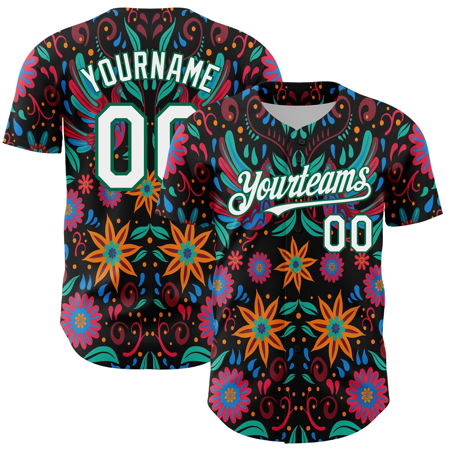 Custom Black White-Kelly Green 3D Mexican Festival Flower Cinco de Mayo Authentic Baseball Jersey - Main View