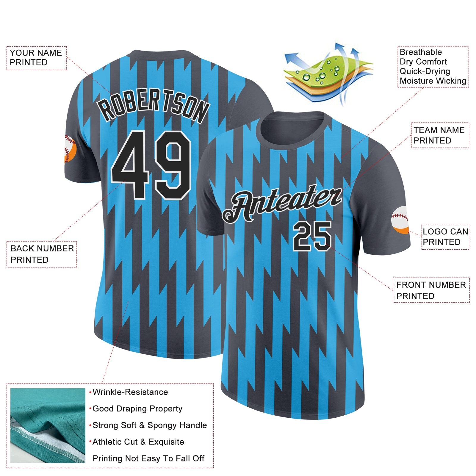 Custom Steel Gray Black-Sky Blue 3D Esports Performance T-Shirt view 2