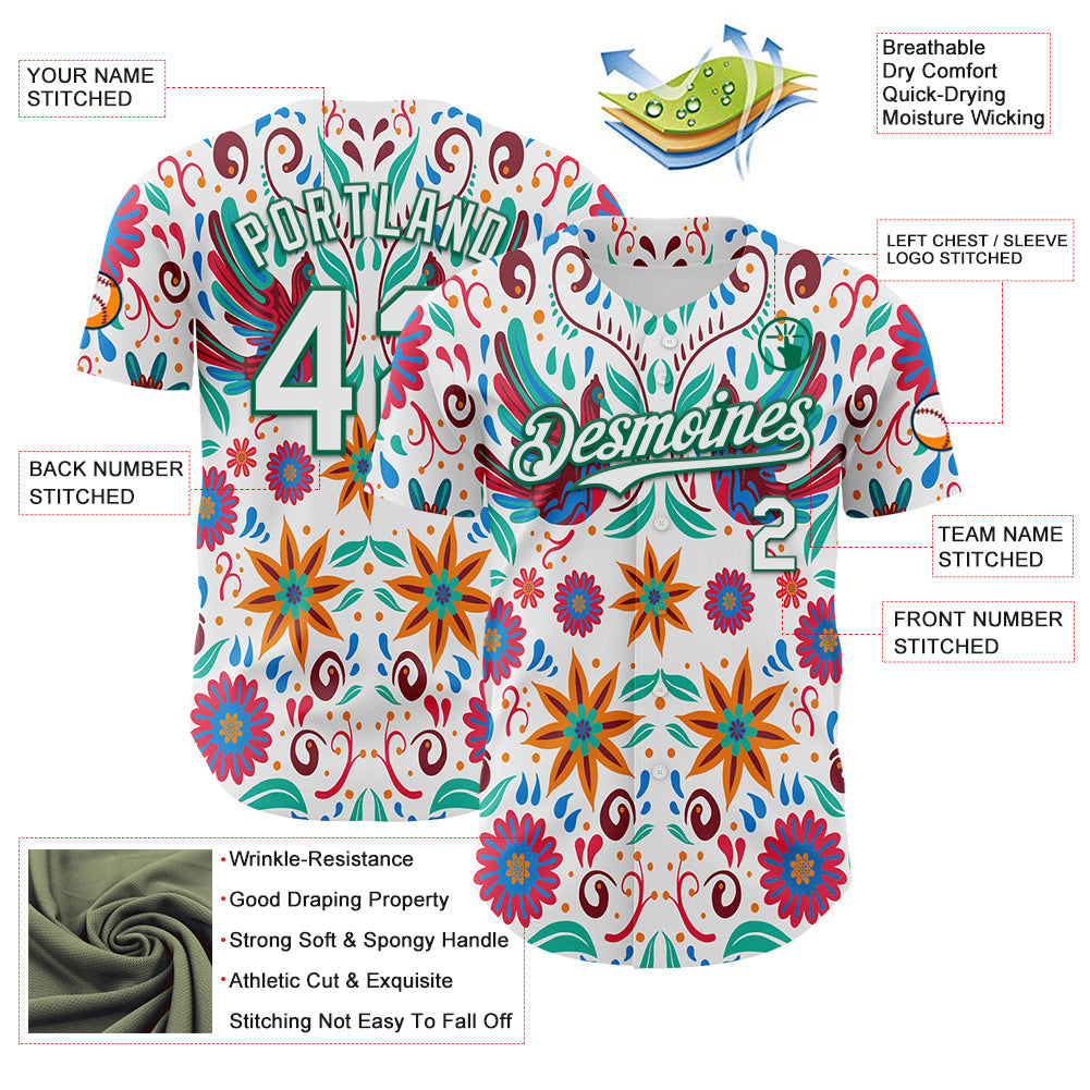 Custom White Kelly Green 3D Mexican Festival Flower Cinco de Mayo Authentic Baseball Jersey view 3