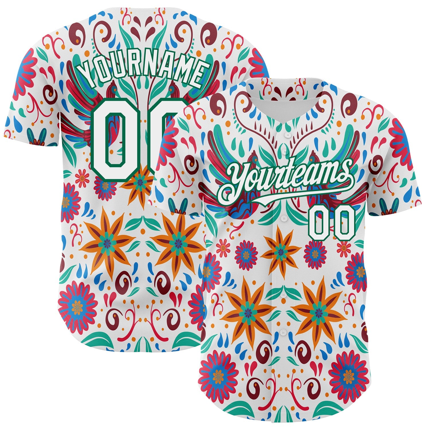 Custom White Kelly Green 3D Mexican Festival Flower Cinco de Mayo Authentic Baseball Jersey - Main View