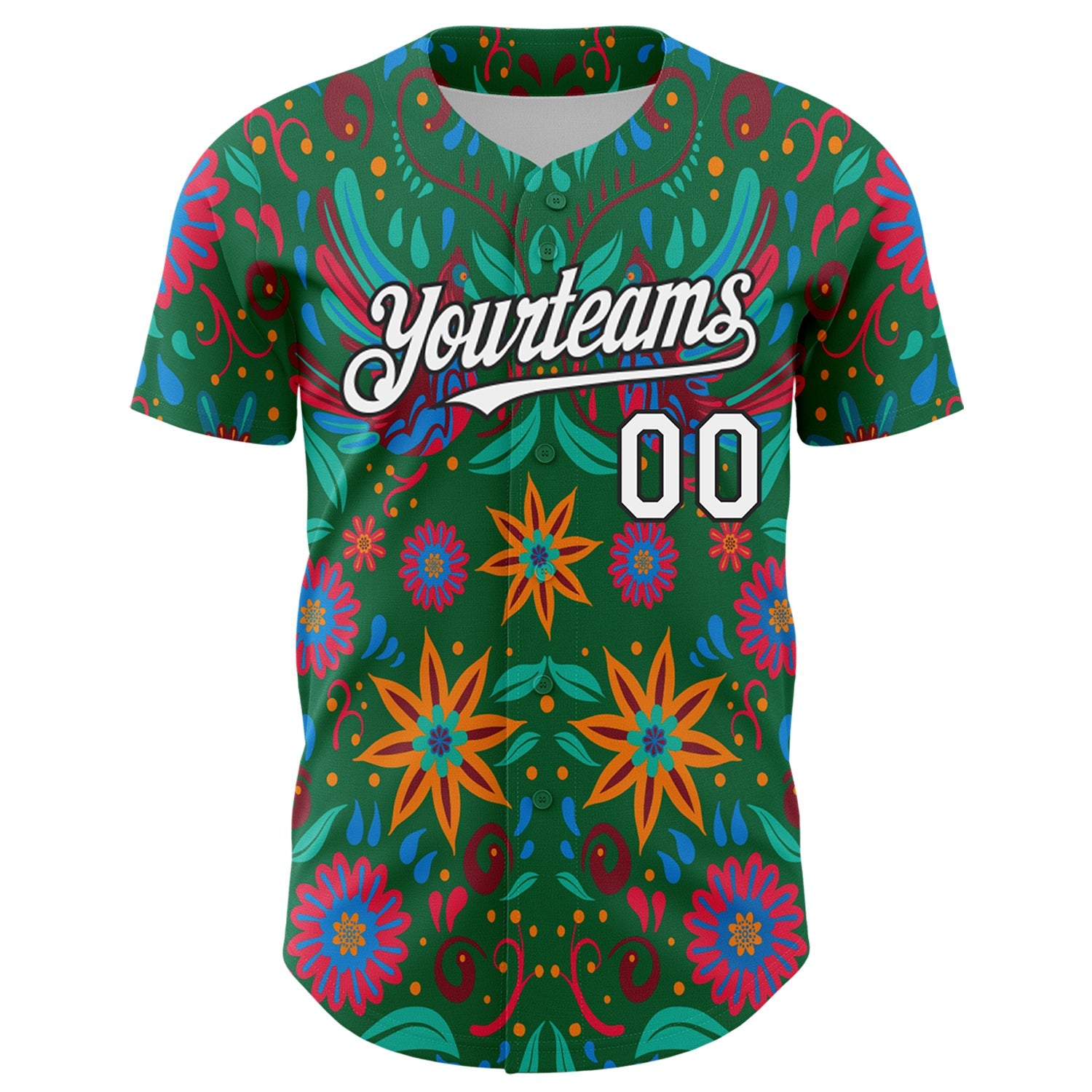 Custom Kelly Green White-Black 3D Mexican Festival Flower Cinco de Mayo Authentic Baseball Jersey view 2