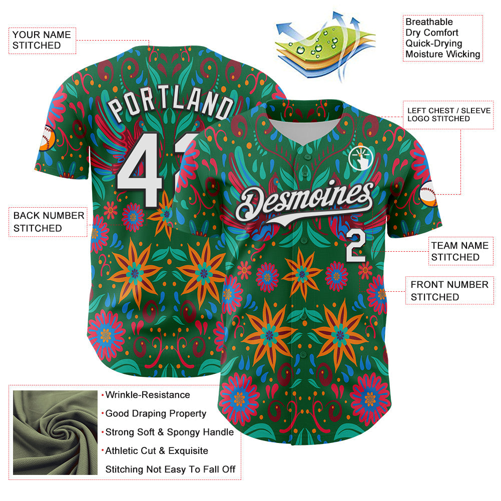 Custom Kelly Green White-Black 3D Mexican Festival Flower Cinco de Mayo Authentic Baseball Jersey view 3