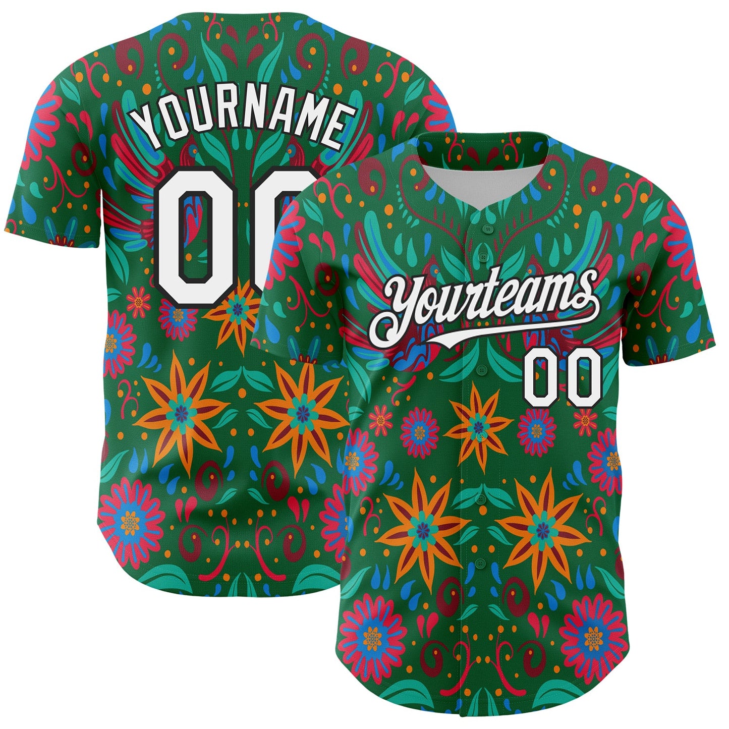 Custom Kelly Green White-Black 3D Mexican Festival Flower Cinco de Mayo Authentic Baseball Jersey - Main View