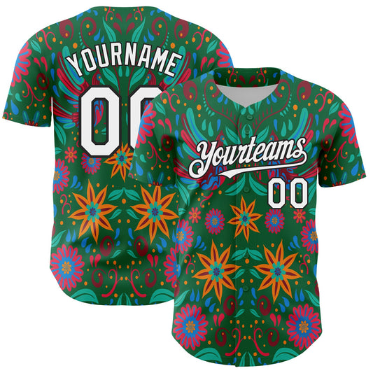 Custom Kelly Green White-Black 3D Mexican Festival Flower Cinco de Mayo Authentic Baseball Jersey - Main View