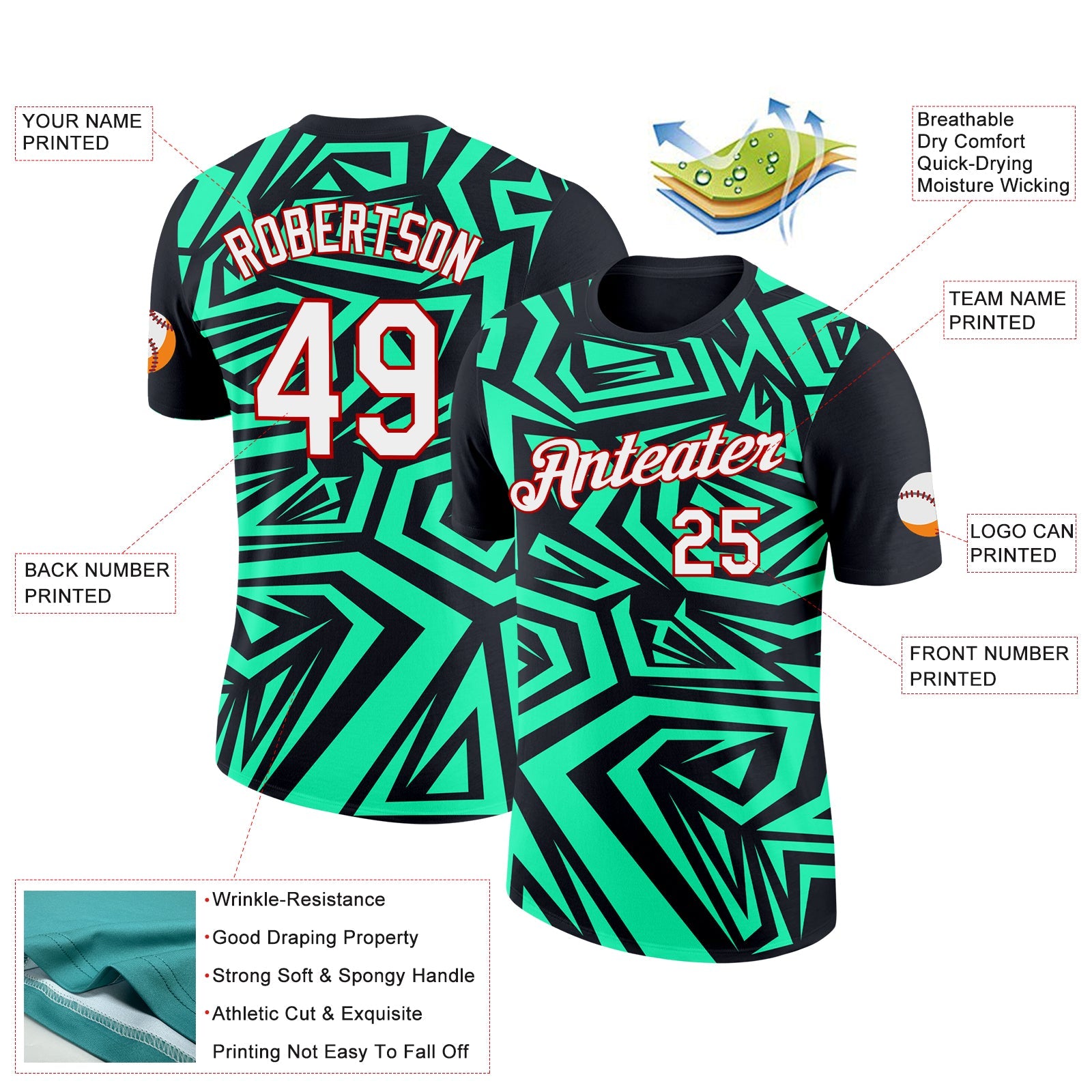 Custom Black Pea Green-Red 3D Esports Performance T-Shirt view 2