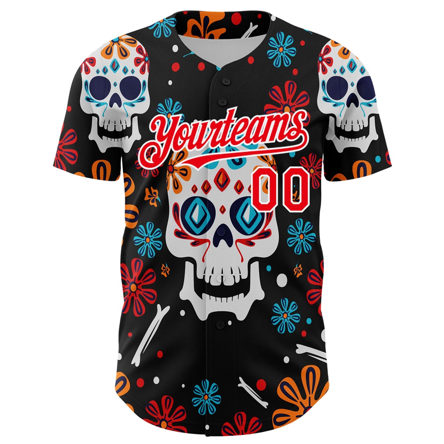 Custom Kelly Green Fire Red-White 3D Mexican Festival Flower And Skull Cinco de Mayo Authentic Baseball Jersey view 2