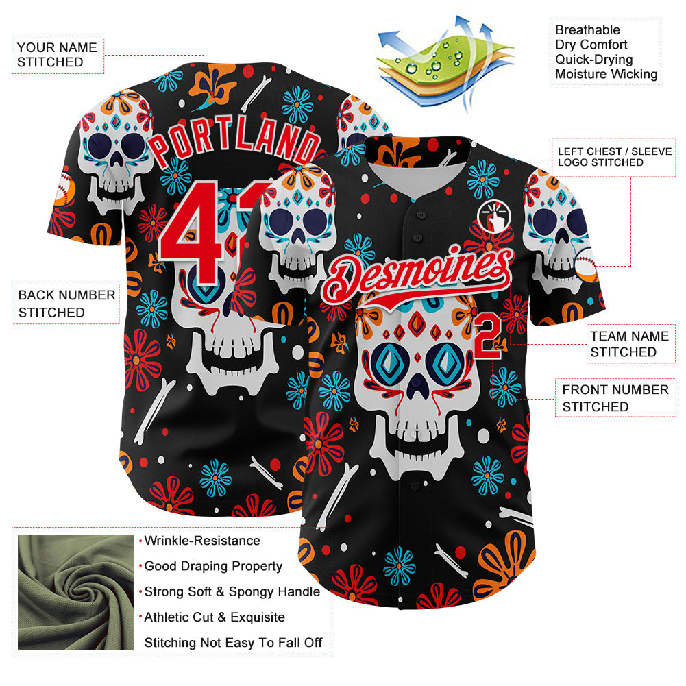 Custom Kelly Green Fire Red-White 3D Mexican Festival Flower And Skull Cinco de Mayo Authentic Baseball Jersey view 3