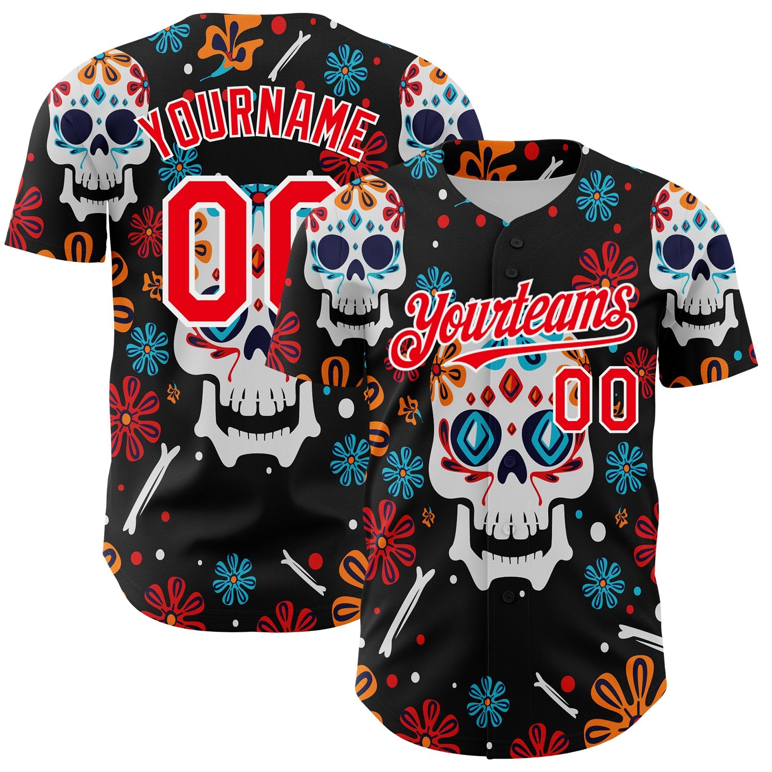 Custom Kelly Green Fire Red-White 3D Mexican Festival Flower And Skull Cinco de Mayo Authentic Baseball Jersey - Main View