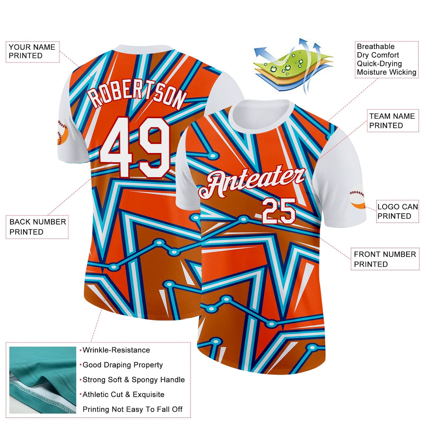 Custom White Orange US Navy Blue Lakes Blue-Red 3D Esports Performance T-Shirt view 2