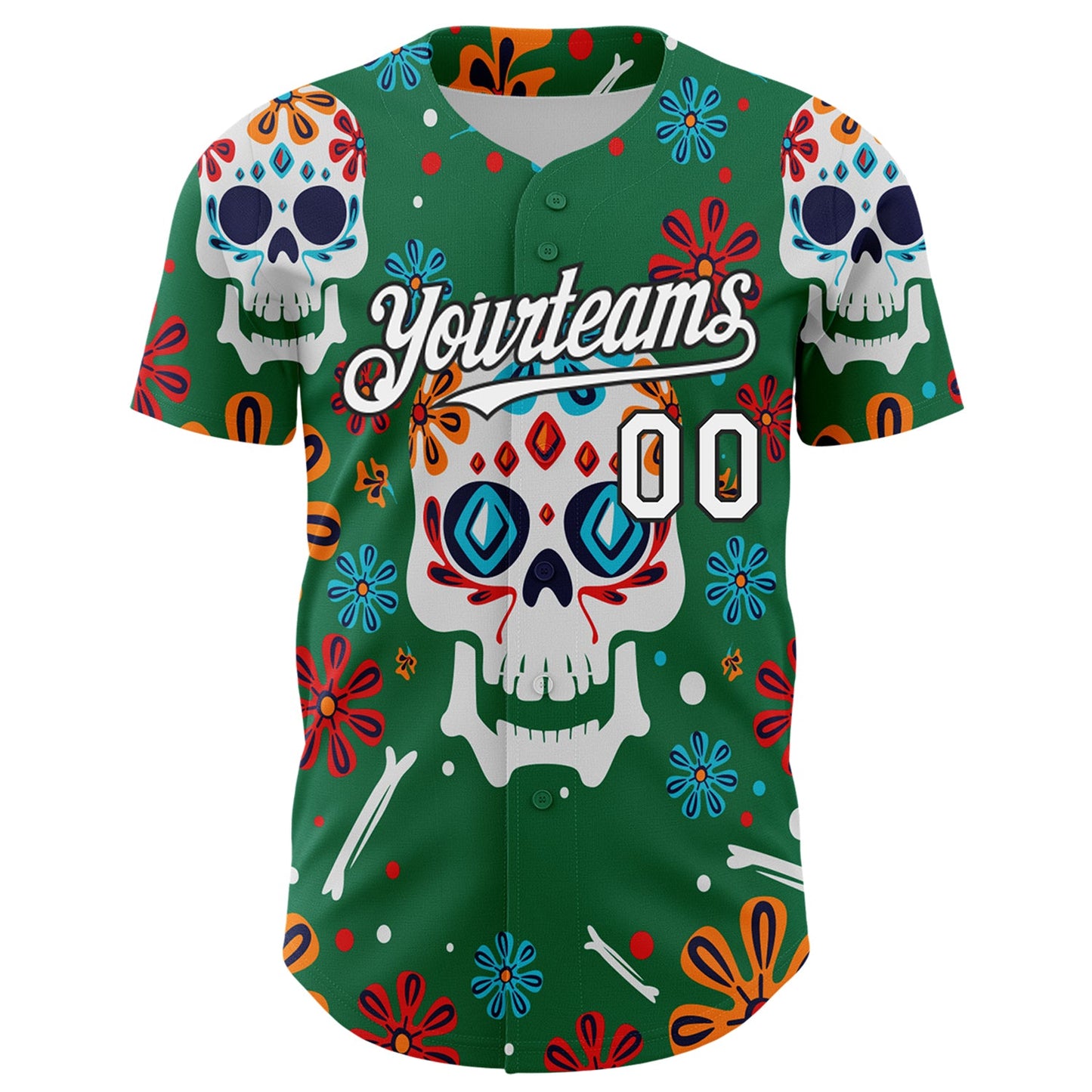 Custom Kelly Green White-Black 3D Mexican Festival Flower And Skull Cinco de Mayo Authentic Baseball Jersey view 2