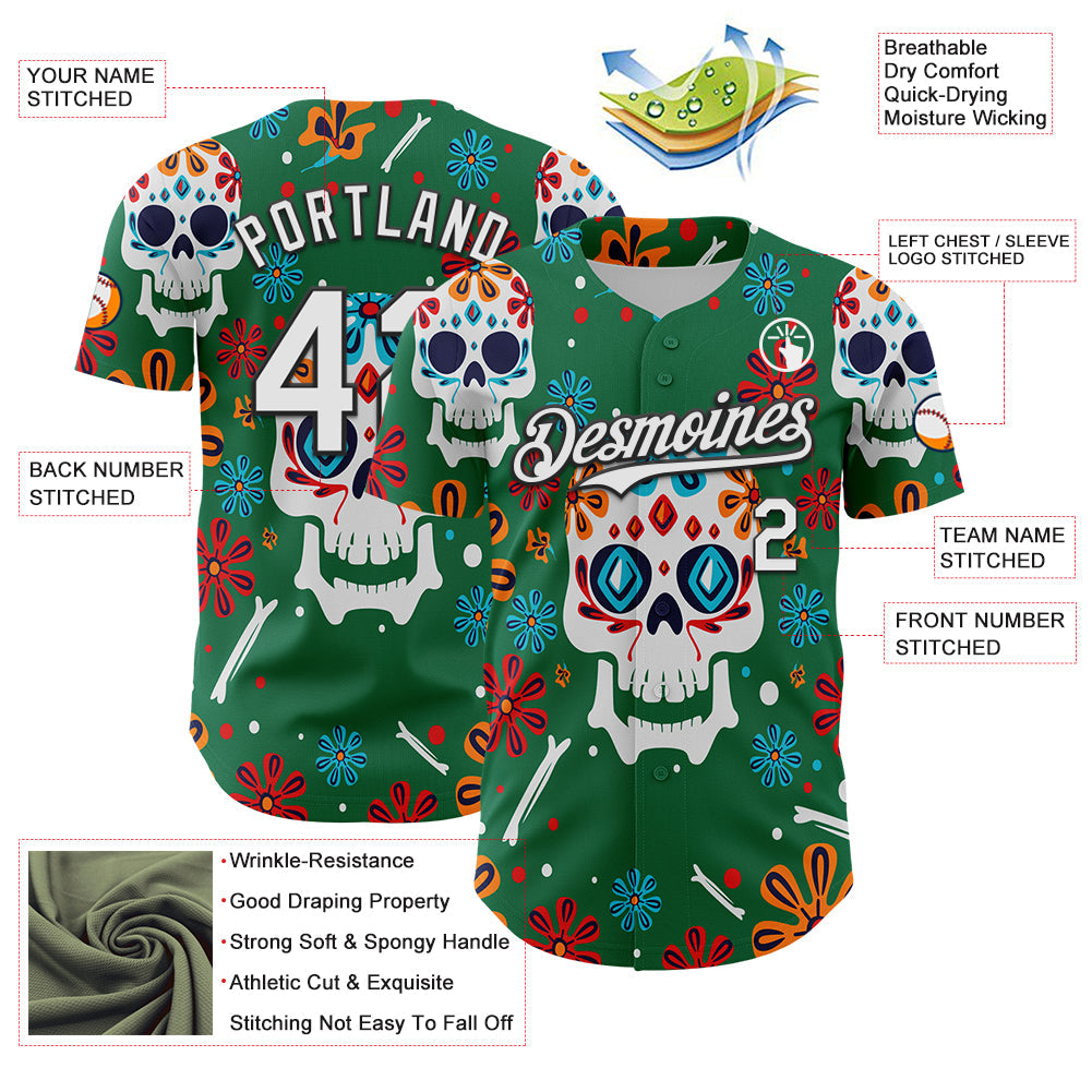 Custom Kelly Green White-Black 3D Mexican Festival Flower And Skull Cinco de Mayo Authentic Baseball Jersey view 3