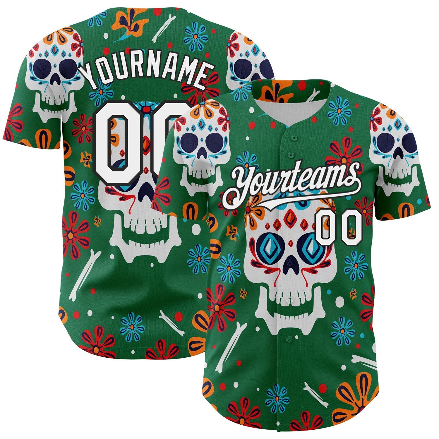 Custom Kelly Green White-Black 3D Mexican Festival Flower And Skull Cinco de Mayo Authentic Baseball Jersey - Main View