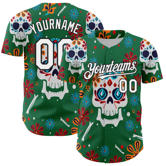 Custom Kelly Green White-Black 3D Mexican Festival Flower And Skull Cinco de Mayo Authentic Baseball Jersey - Main View