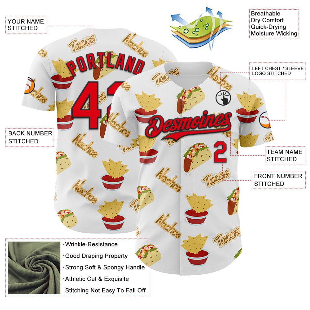 Custom White Fire Red-Black 3D Mexican Festival Taco Cinco de Mayo Authentic Baseball Jersey view 3