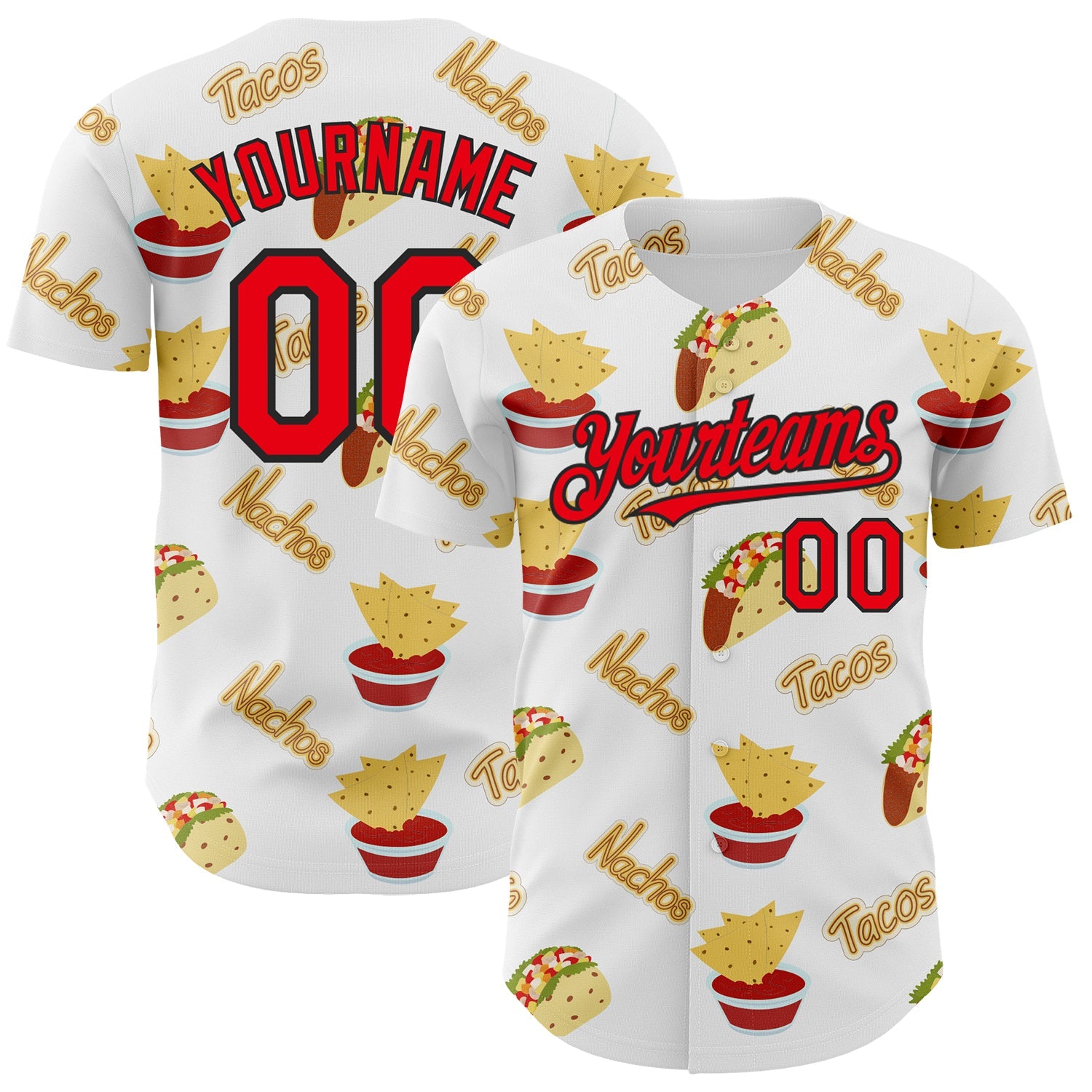 Custom White Fire Red-Black 3D Mexican Festival Taco Cinco de Mayo Authentic Baseball Jersey - Main View