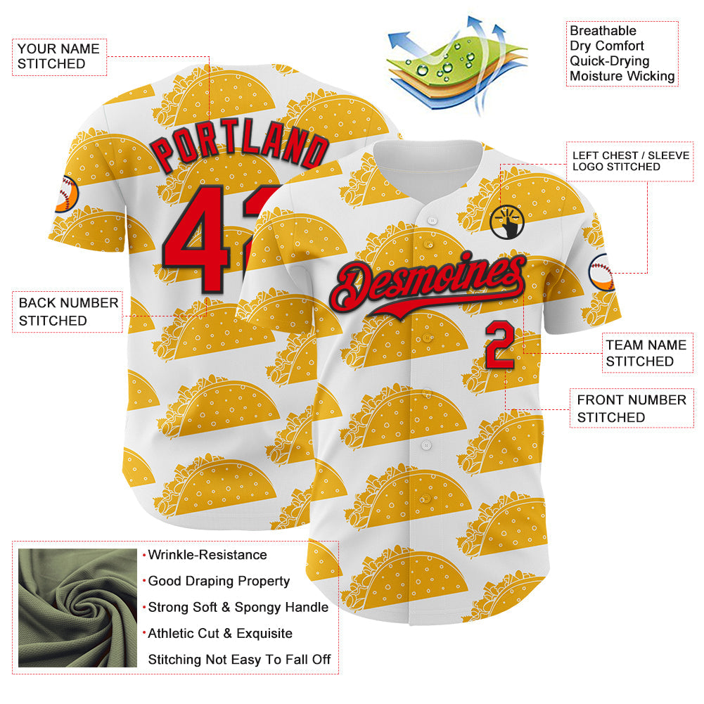 Custom White Fire Red-Black 3D Mexican Festival Nachos And Tacos Cinco de Mayo Authentic Baseball Jersey view 3