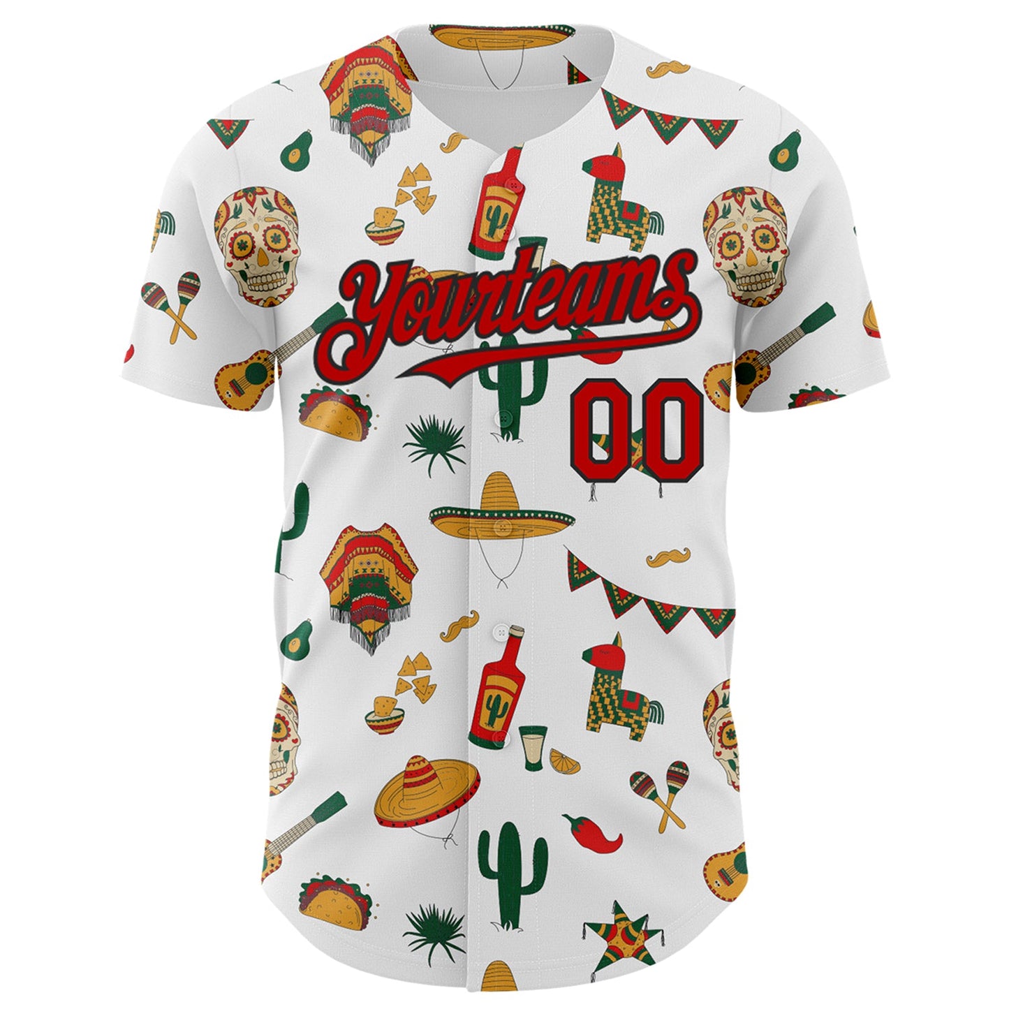 Custom White Red-Black 3D Mexican Festival Cactus Skull Sombrero Cinco de Mayo Authentic Baseball Jersey view 2