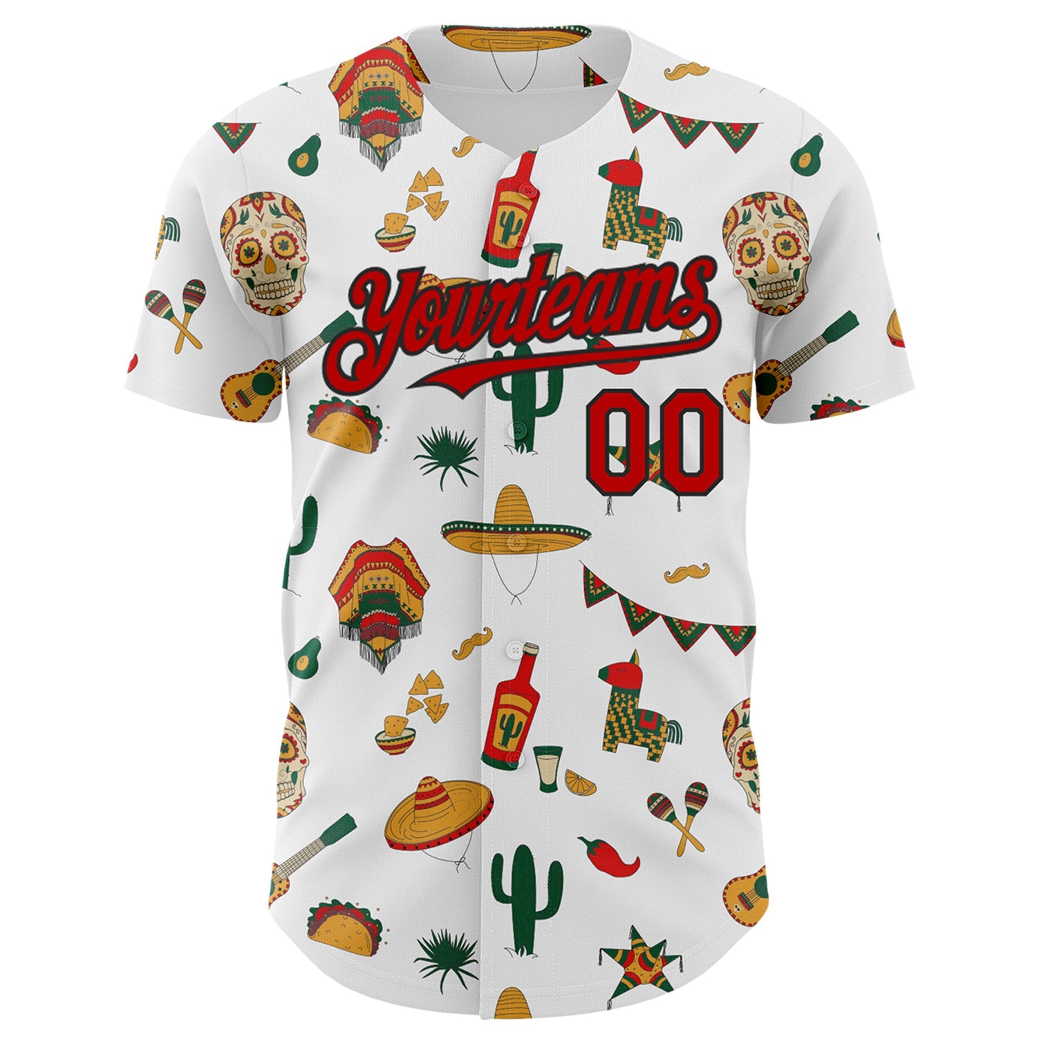 Custom White Red-Black 3D Mexican Festival Cactus Skull Sombrero Cinco de Mayo Authentic Baseball Jersey view 2