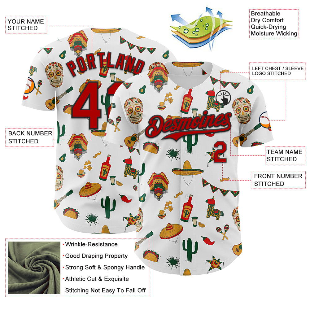 Custom White Red-Black 3D Mexican Festival Cactus Skull Sombrero Cinco de Mayo Authentic Baseball Jersey view 3