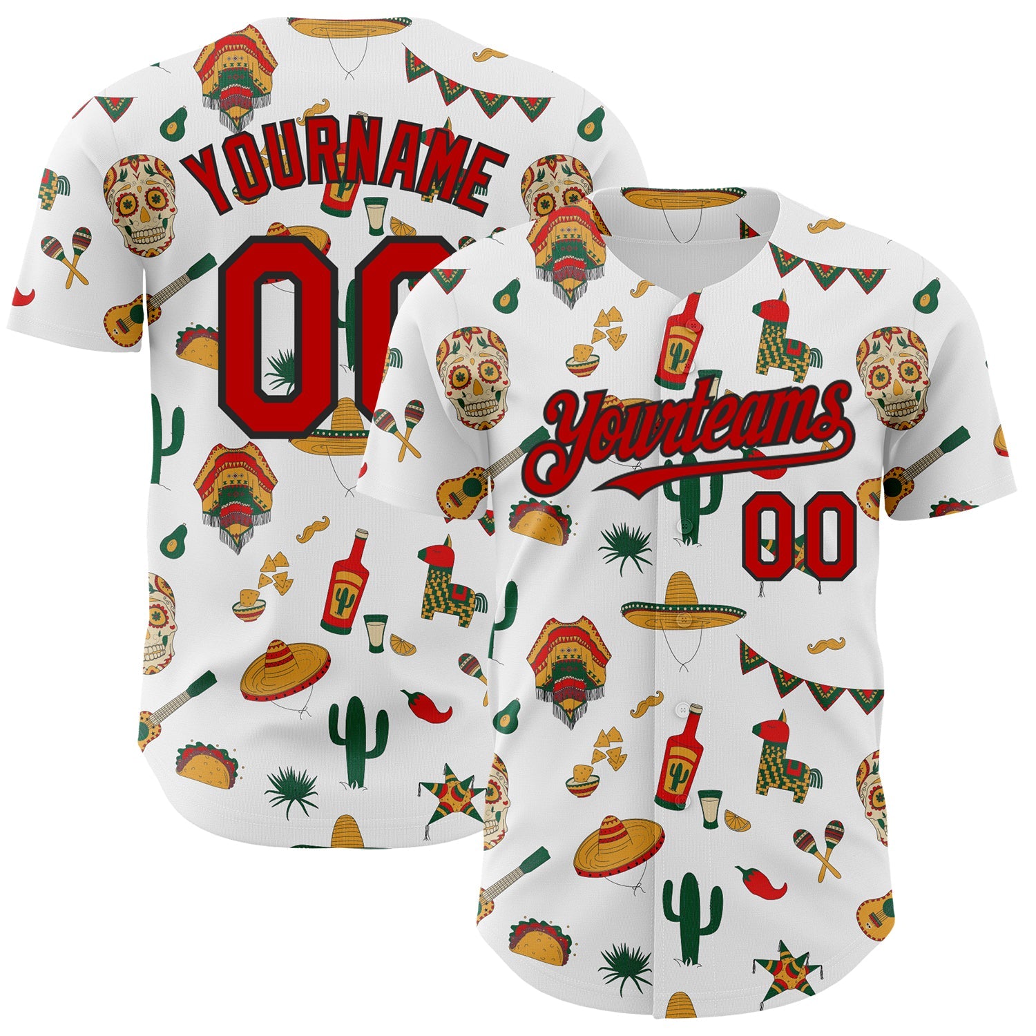 Custom White Red-Black 3D Mexican Festival Cactus Skull Sombrero Cinco de Mayo Authentic Baseball Jersey - Main View