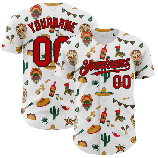 Custom White Red-Black 3D Mexican Festival Cactus Skull Sombrero Cinco de Mayo Authentic Baseball Jersey - Main View