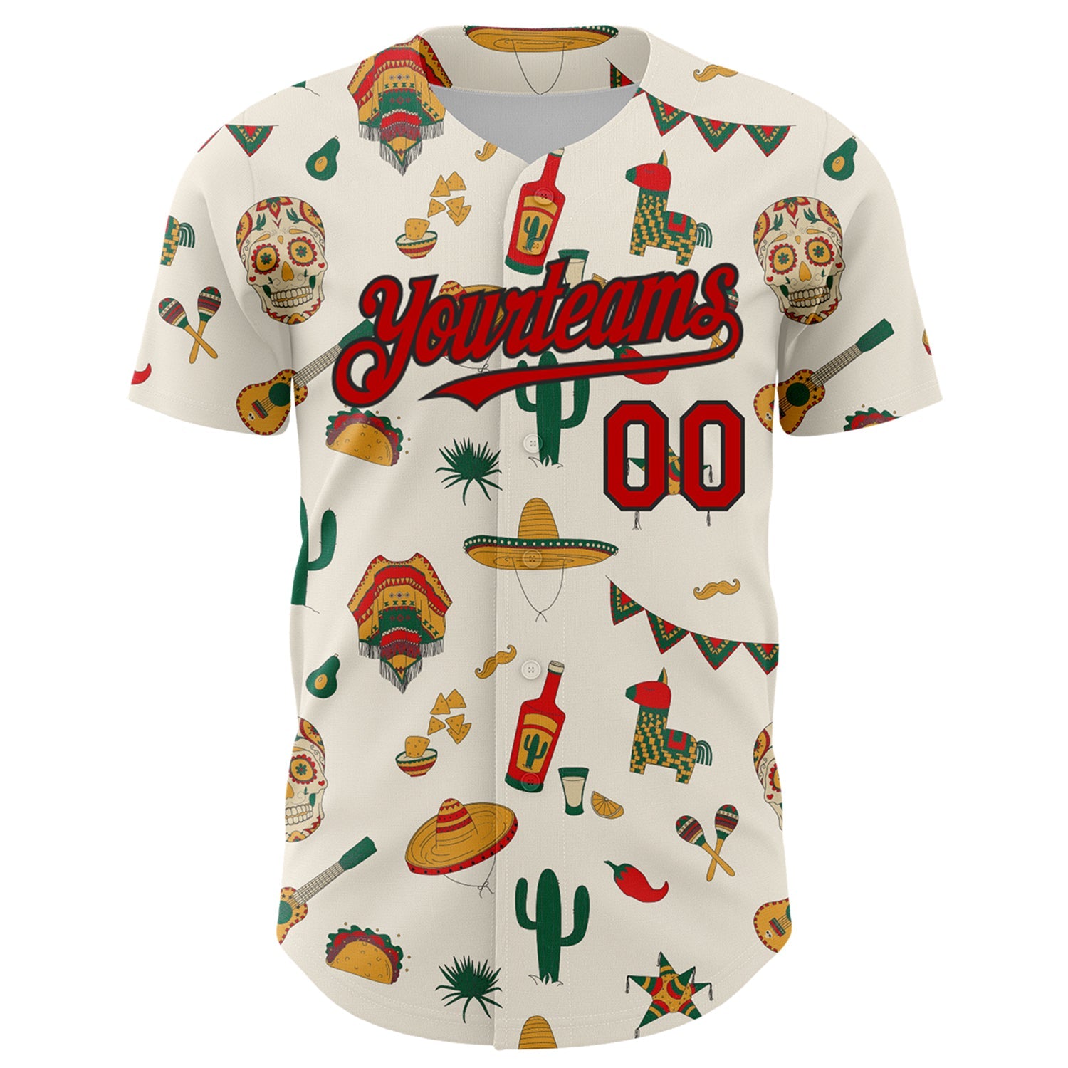 Custom Cream Red-Black 3D Mexican Festival Cactus Skull Sombrero Cinco de Mayo Authentic Baseball Jersey view 2