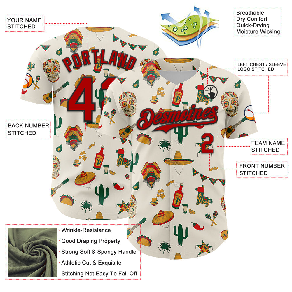 Custom Cream Red-Black 3D Mexican Festival Cactus Skull Sombrero Cinco de Mayo Authentic Baseball Jersey view 3