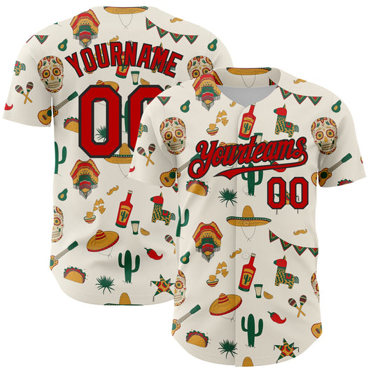 Custom Cream Red-Black 3D Mexican Festival Cactus Skull Sombrero Cinco de Mayo Authentic Baseball Jersey - Main View