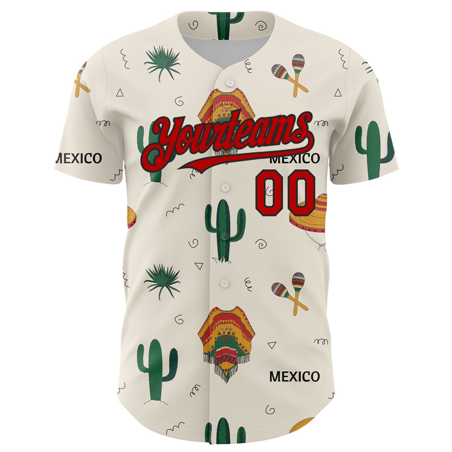 Custom Cream Red-Black 3D Mexican Festival Cactus And Sombrero Cinco de Mayo Authentic Baseball Jersey view 2