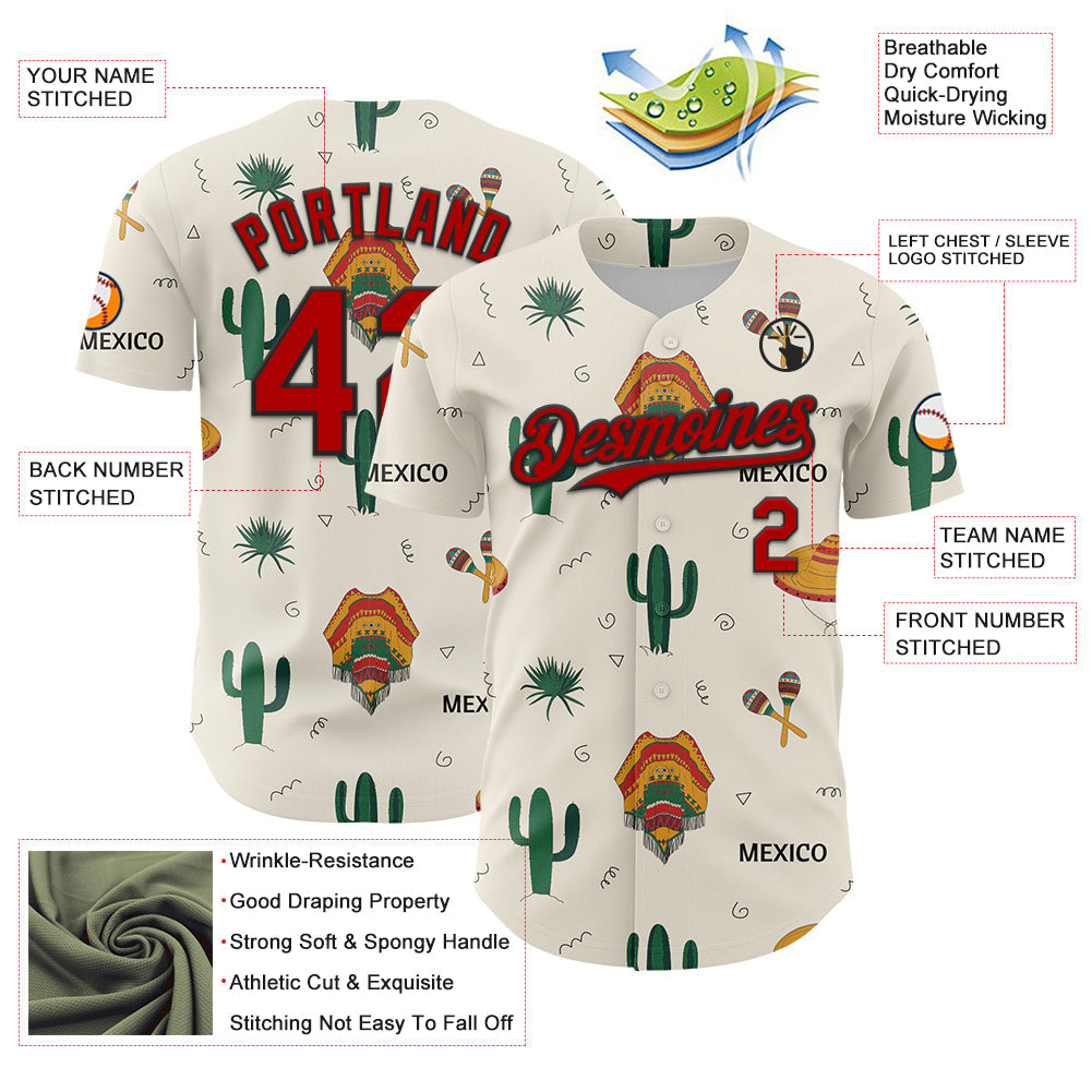 Custom Cream Red-Black 3D Mexican Festival Cactus And Sombrero Cinco de Mayo Authentic Baseball Jersey view 3