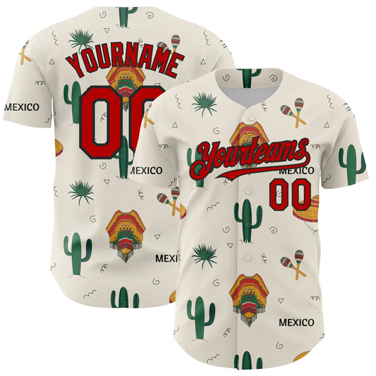 Custom Cream Red-Black 3D Mexican Festival Cactus And Sombrero Cinco de Mayo Authentic Baseball Jersey - Main View